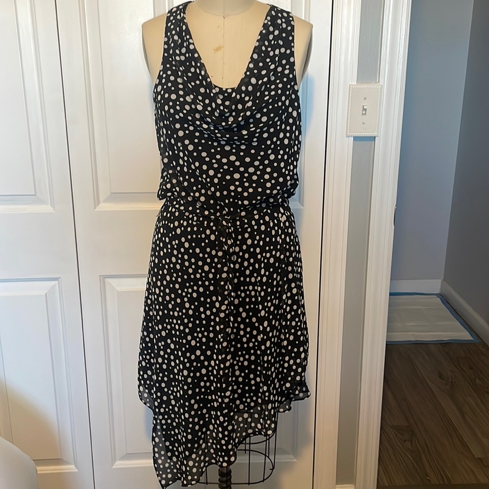 Betsey Johnson black & white polka dots midi dress. Chiffon fabric. Size 6